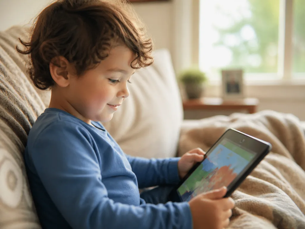 Barn sitter i soffan och spelar en pedagogisk app på en surfplatta