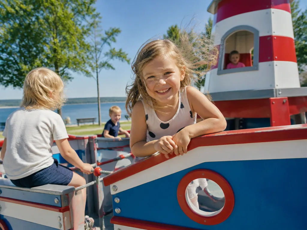 Barn leker på en färgglad temalekplats vid havet en solig sommardag i Malmö