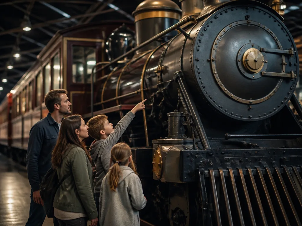 Barn och familj utforskar ett historiskt ånglok på järnvägsmuseum med varm museibelysning
