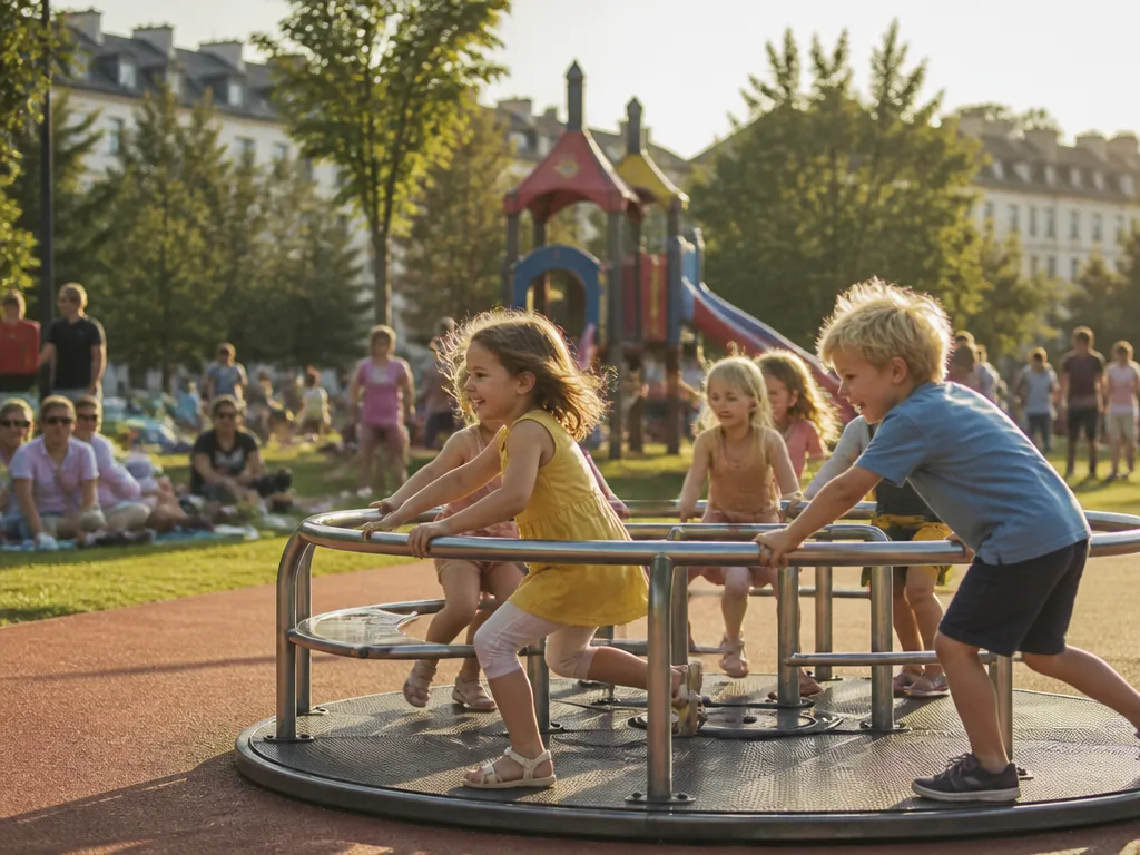 Barn leker på en stor färgglad lekplats i en stadspark en sommareftermiddag