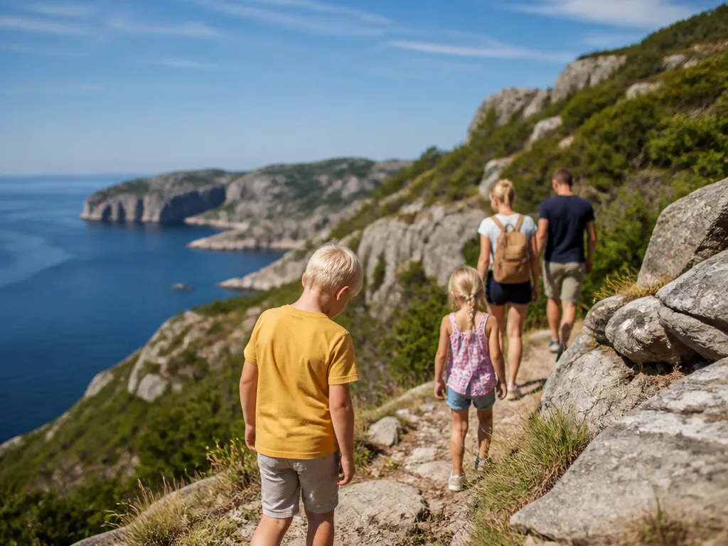 Barnfamilj utforskar klippig kustlinje i naturreservat i södra Sverige en solig sommardag