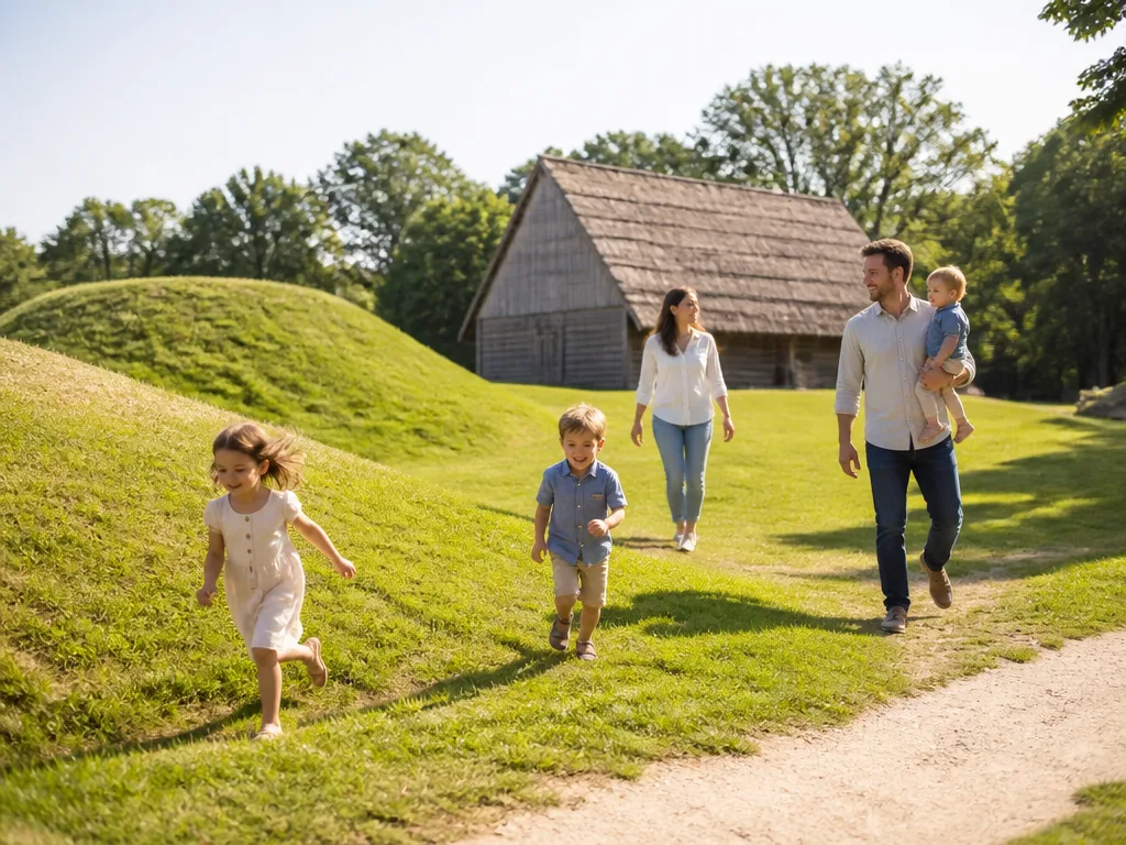Barnfamilj utforskar gröna kullar och historisk parkmiljö en solig sommardag i Uppsala