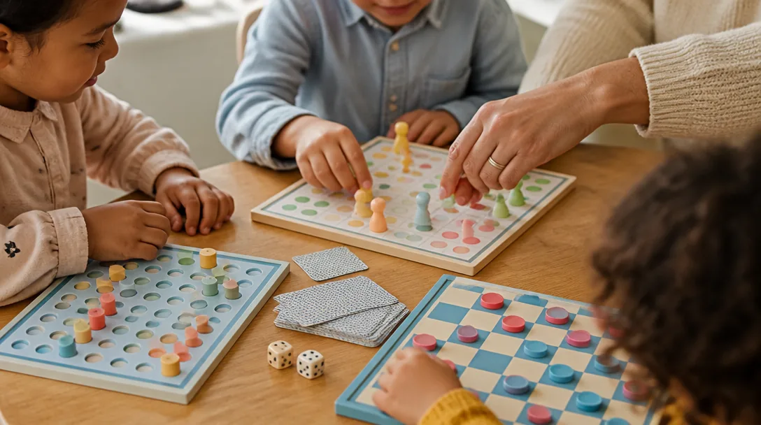 Klassiska barnspel arrangerade på ett trä bord med händer som spelar