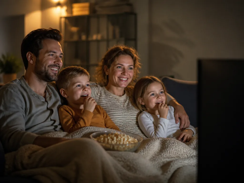 Familj som sitter tillsammans i soffan och tittar på en barnfilm en kväll