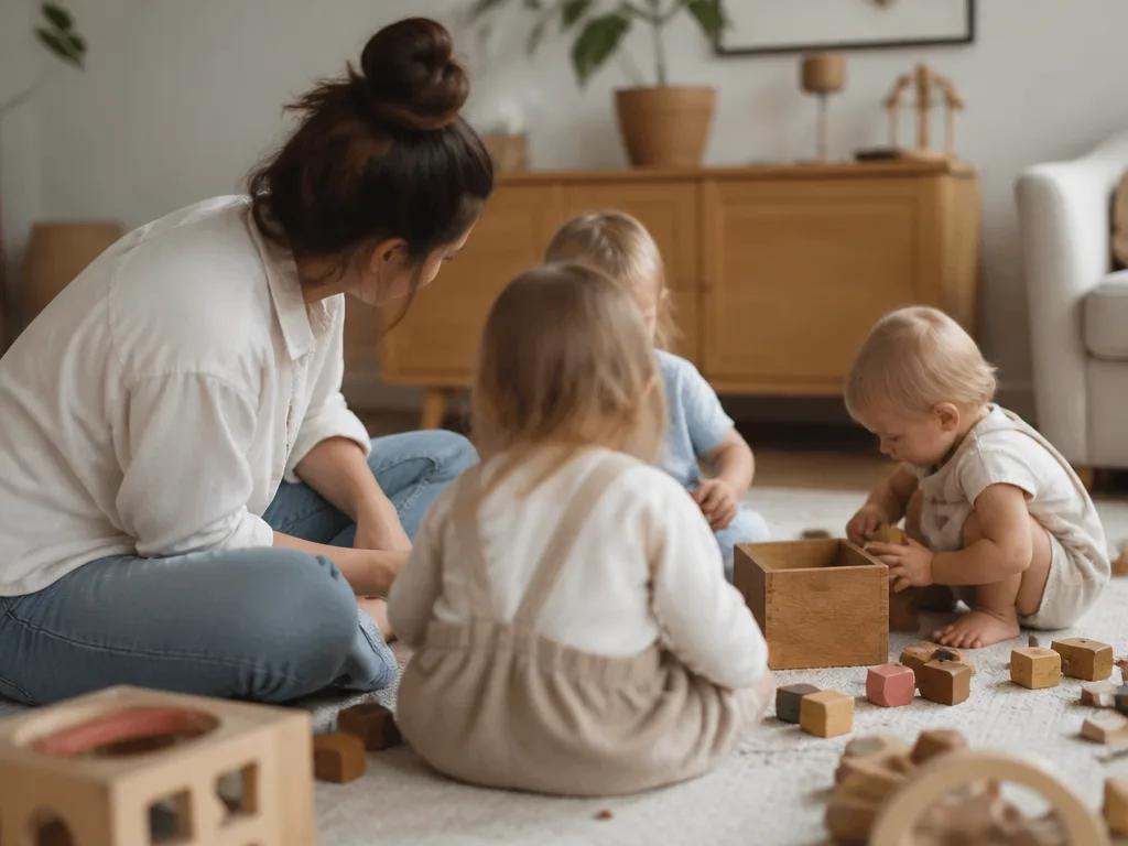 Vuxen sitter på golvet i ett hemtrevligt vardagsrum och leker med en liten grupp småbarn och träleksaker