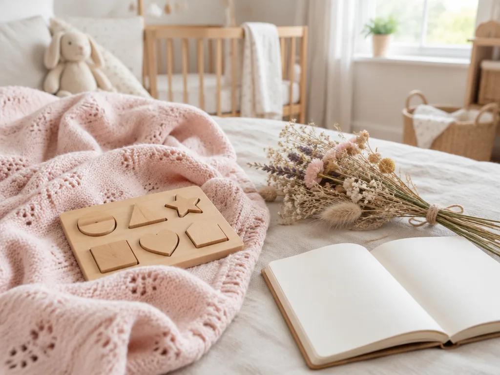 Rosa stickad babyfilt, ett träpussel med former, torkade blommor och ett uppslaget anteckningsblock på en säng i ett ljust barnrum