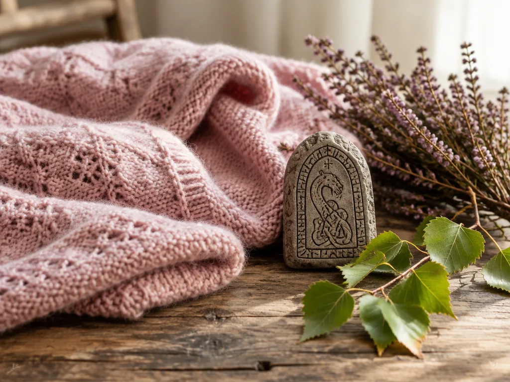 Rosa stickad babyfilt på ett träbord bredvid en liten runsten i miniatyr, torkad ljung och björkkvistar i morgonljus