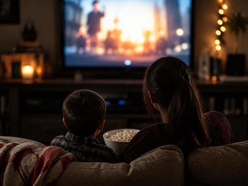 Förälder och barn på soffan framför en tv-skärm en mysig filmkväll hemma