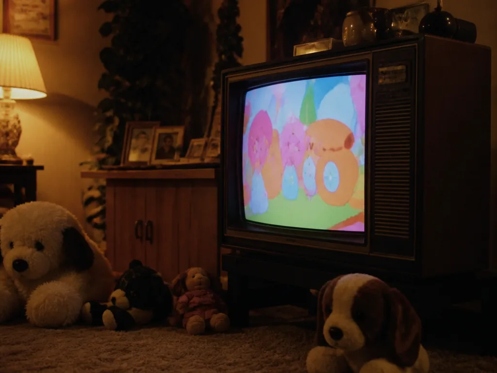 Vintage TV-apparat från 1980-talet i ett mysigt vardagsrum med leksaker på golvet – nostalgi från gamla barnprogram