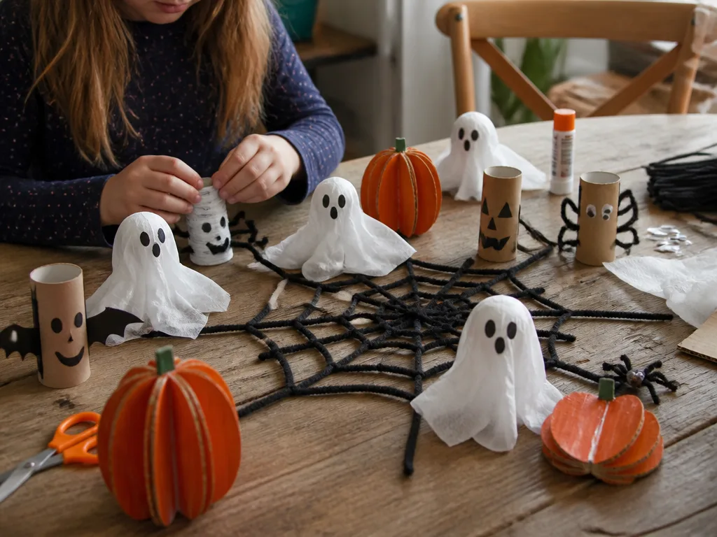 Pysselbord med vitt papper, orange färg och toarullar som förvandlas till halloweenspöken