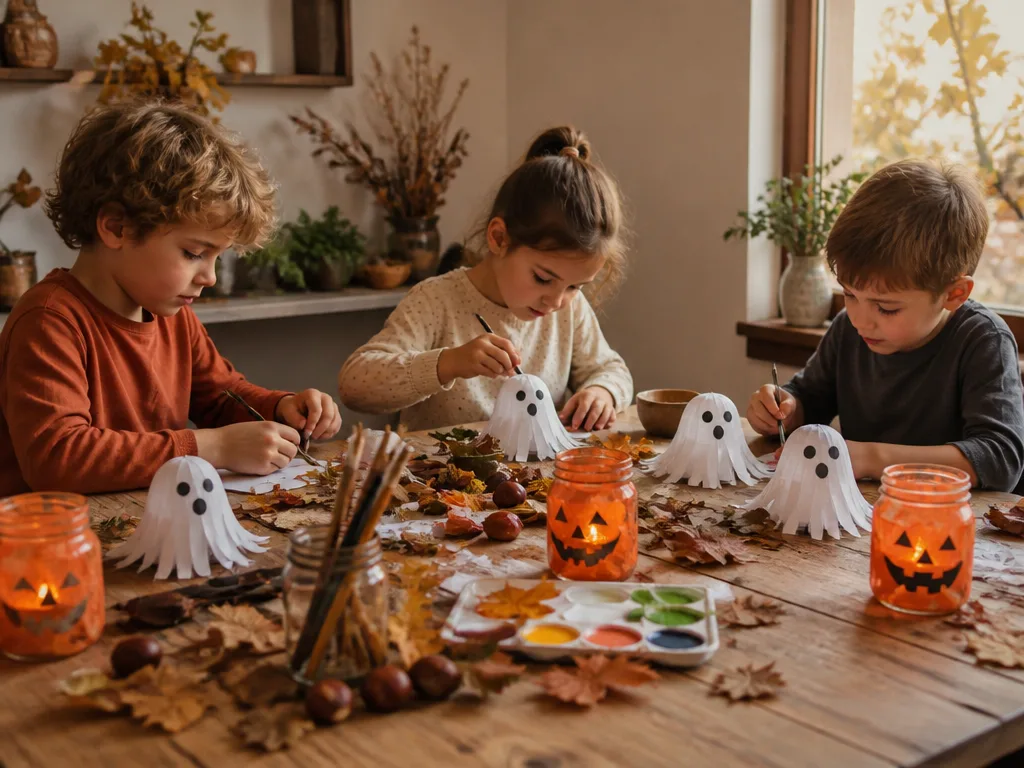 Pysselbord med vita papperssspöken, orange glasburkslyktor, höstlöv och kastanjer i varmt höstljus