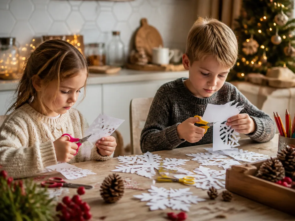 Barn pysslar julpyssel vid köksbord med papperssnöflingor, kottar och saxar i julstämning