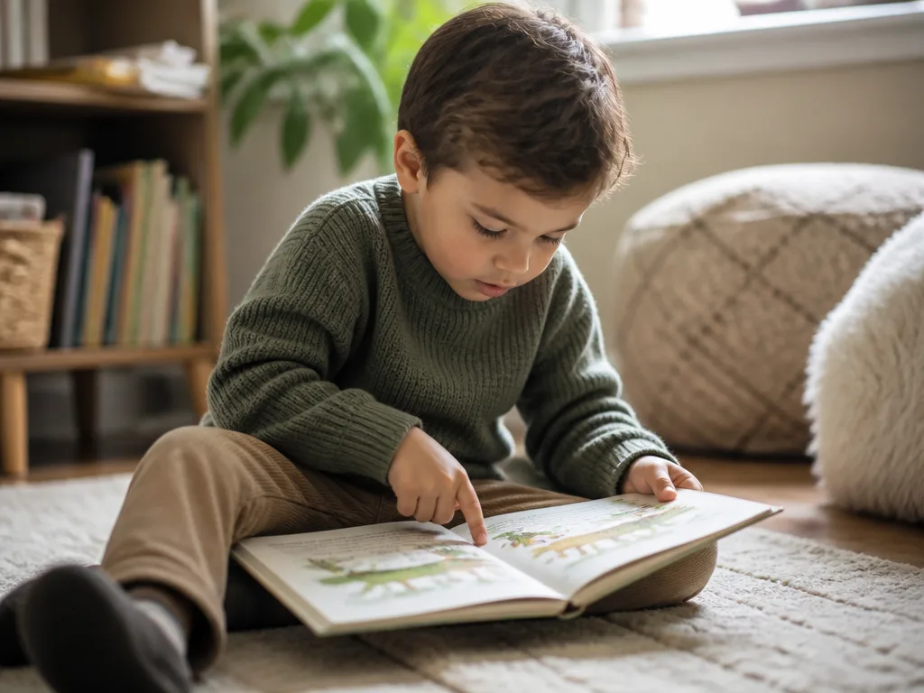 Barn pekar på bokstäver i en bilderbok tillsammans med en vuxen hemma