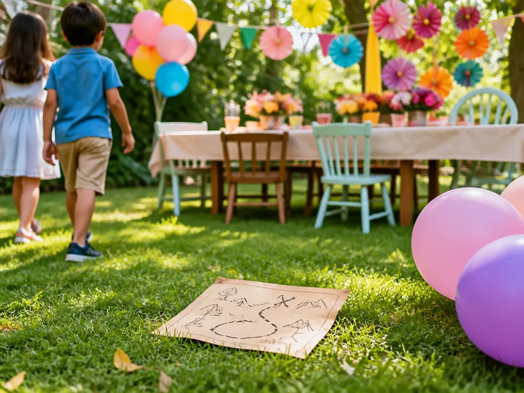 Dukat kalasbord i trädgården med ballonger, girlanger och en skattjaktsledtråd på gräsmattan