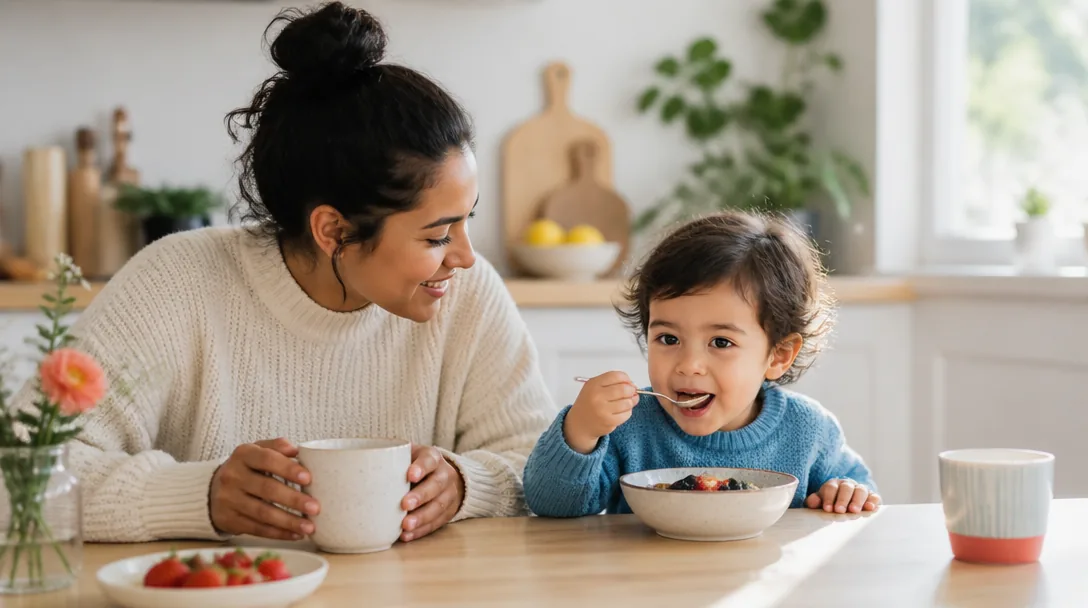 Familj äter lugn frukost i ett ljust kök på morgonen