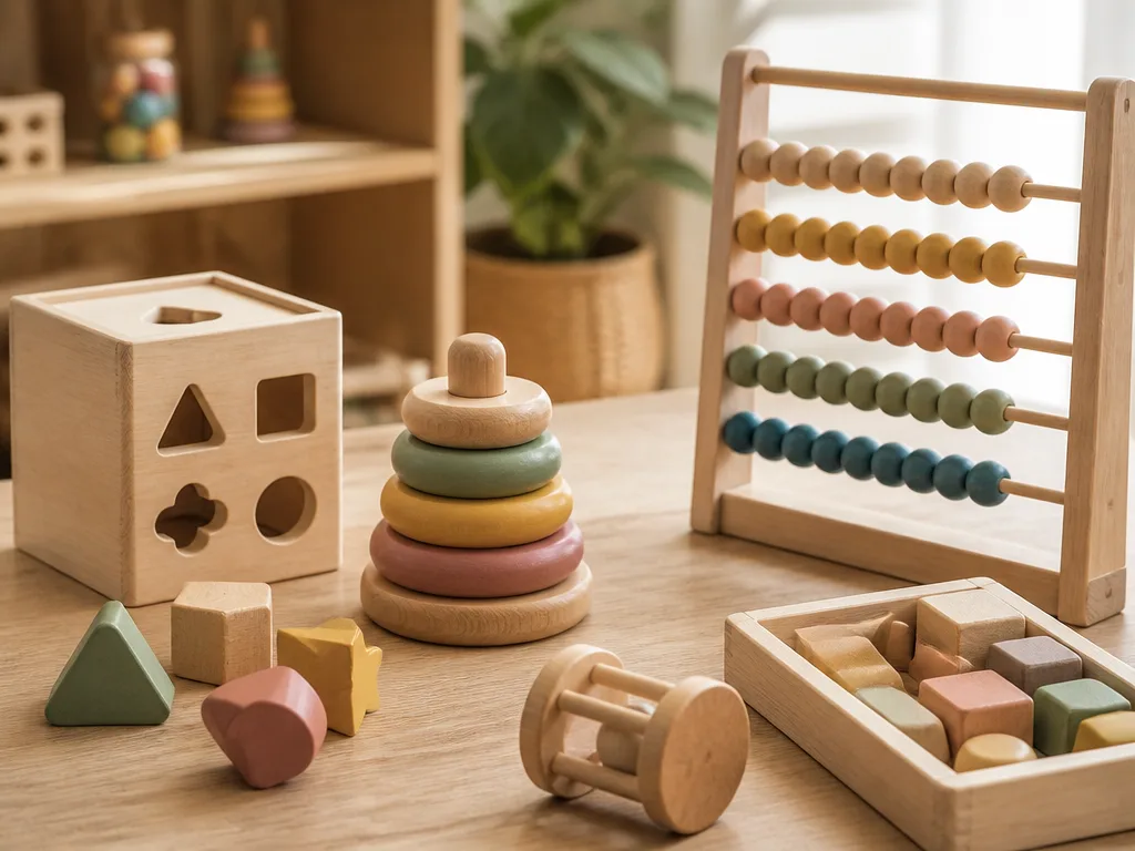 Träbaserade montessori leksaker – stapelringar, sorteringslåda och räkneramar på ett ljust trä bord