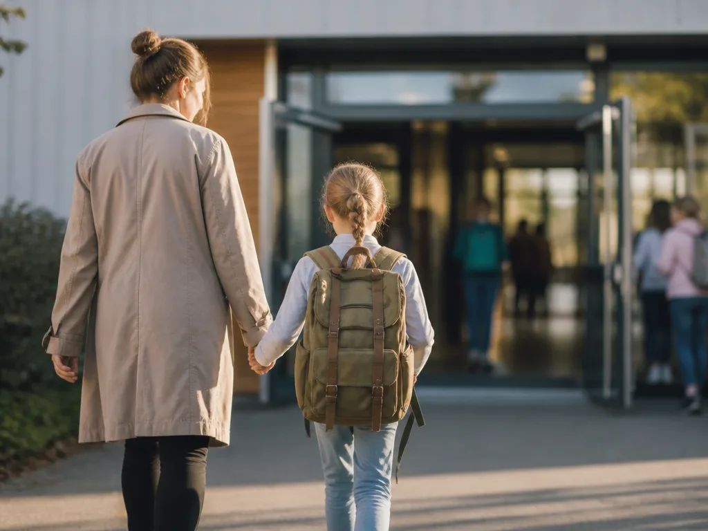 Ett barn med ryggsäck går i hand med en vuxen mot en solig skolentré på första skoldagen