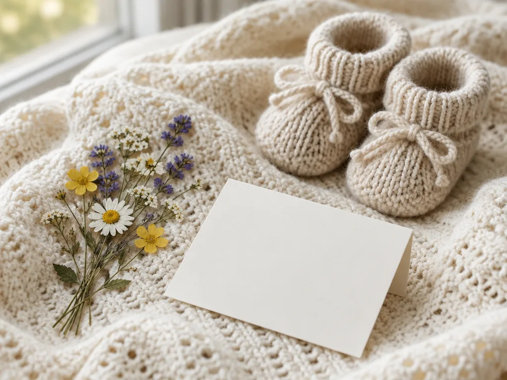 Stickade babytossor, pressade ängsblommor och ett tomt kort på en ljus stickad babyfilt