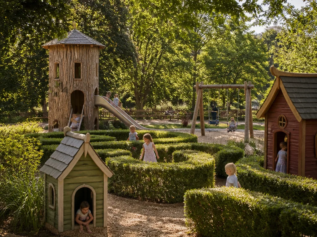 Träbaserad temalekplats i en grön park med klättertorn, rutschkana och små lekstugor