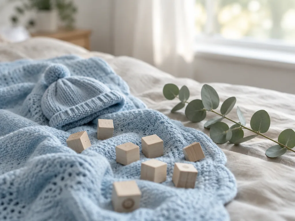 Ljusblå stickad babyfilt med mössa, träklossar och en eukalyptuskvist på en linnebädd i morgonljus