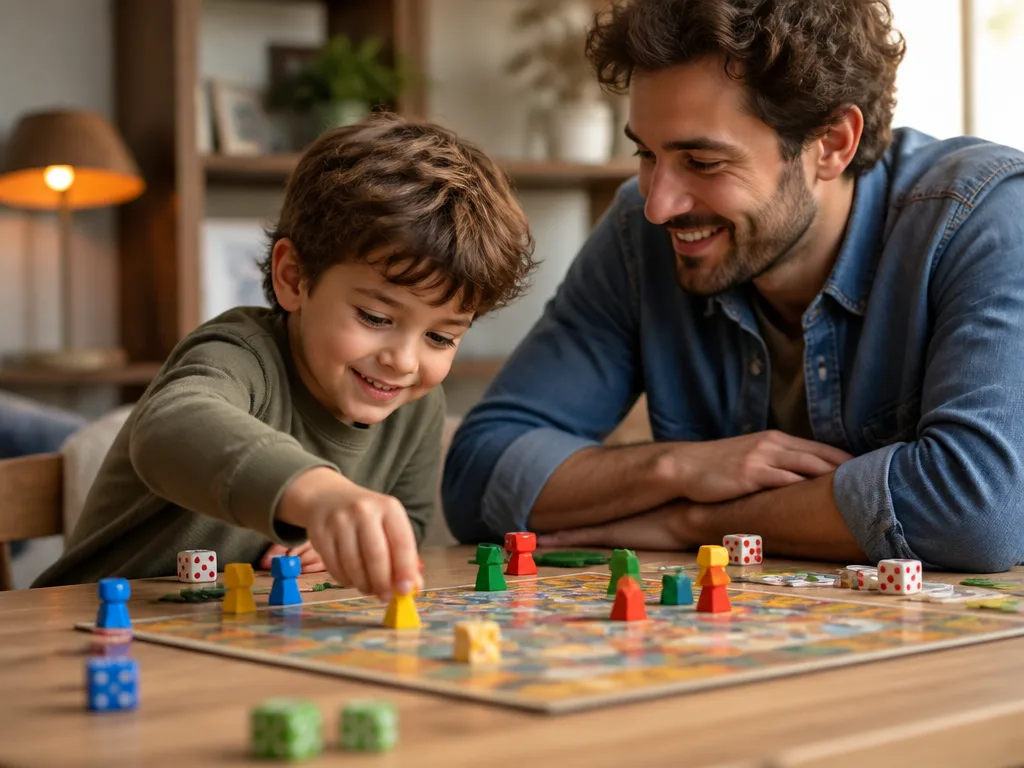 Barn och förälder spelar sällskapsspel tillsammans vid ett trägbord med tärningar och spelpjäser