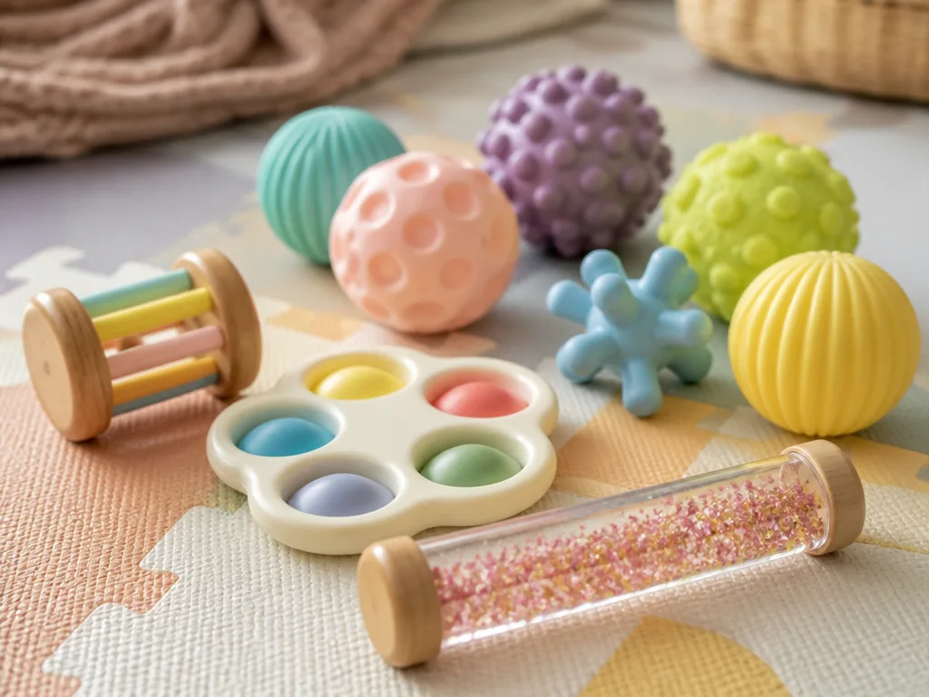 Sensoriska leksaker i olika färger och material: taktila bollar, fidgetleksaker och en sensorisk tub