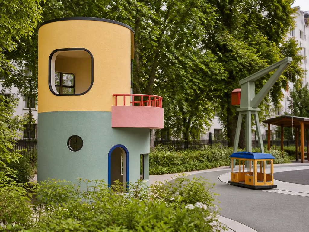 Lekhus i funkisstil, en byggkran och gungor på en stor lekplats i en grön stadspark