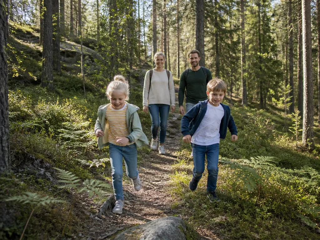Familj med barn på stig i naturreservat nära Stockholm, solljus genom tall och ormbunke