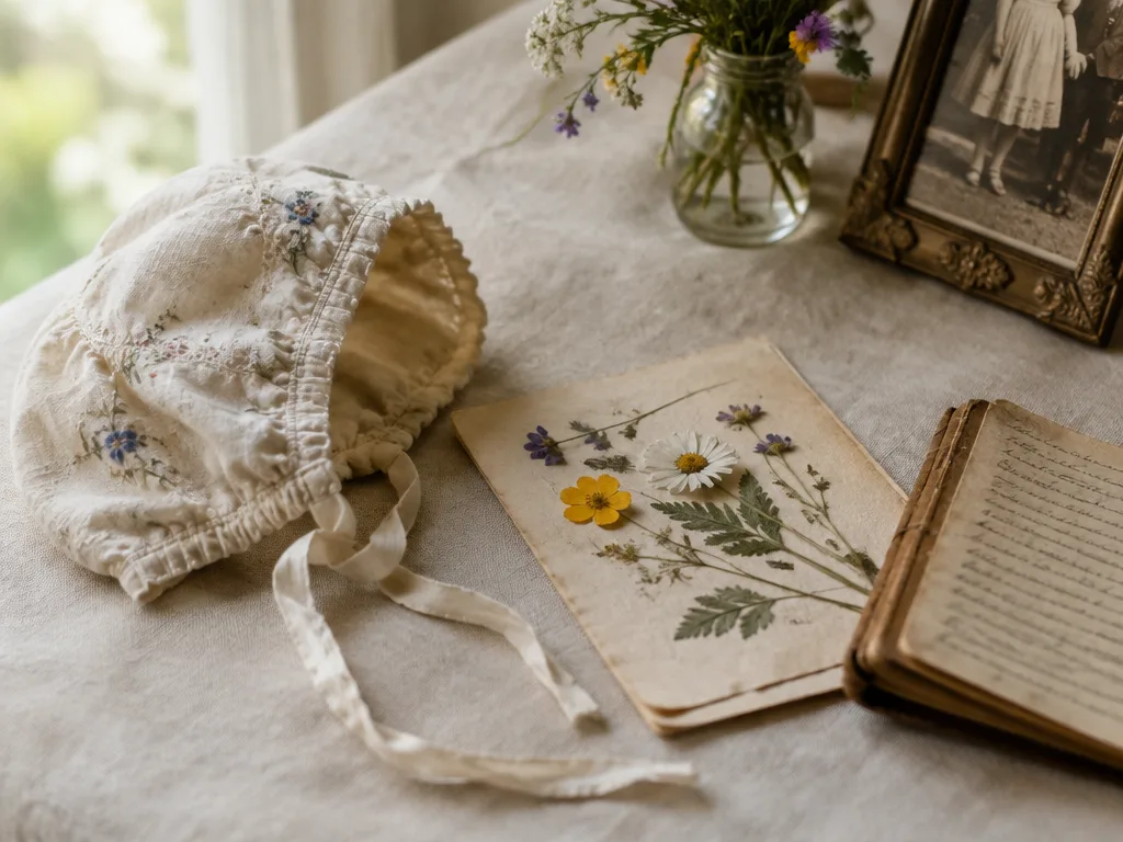 Broderad babymössa, pressade ängsblommor och en gammal fotoram på en linneduk